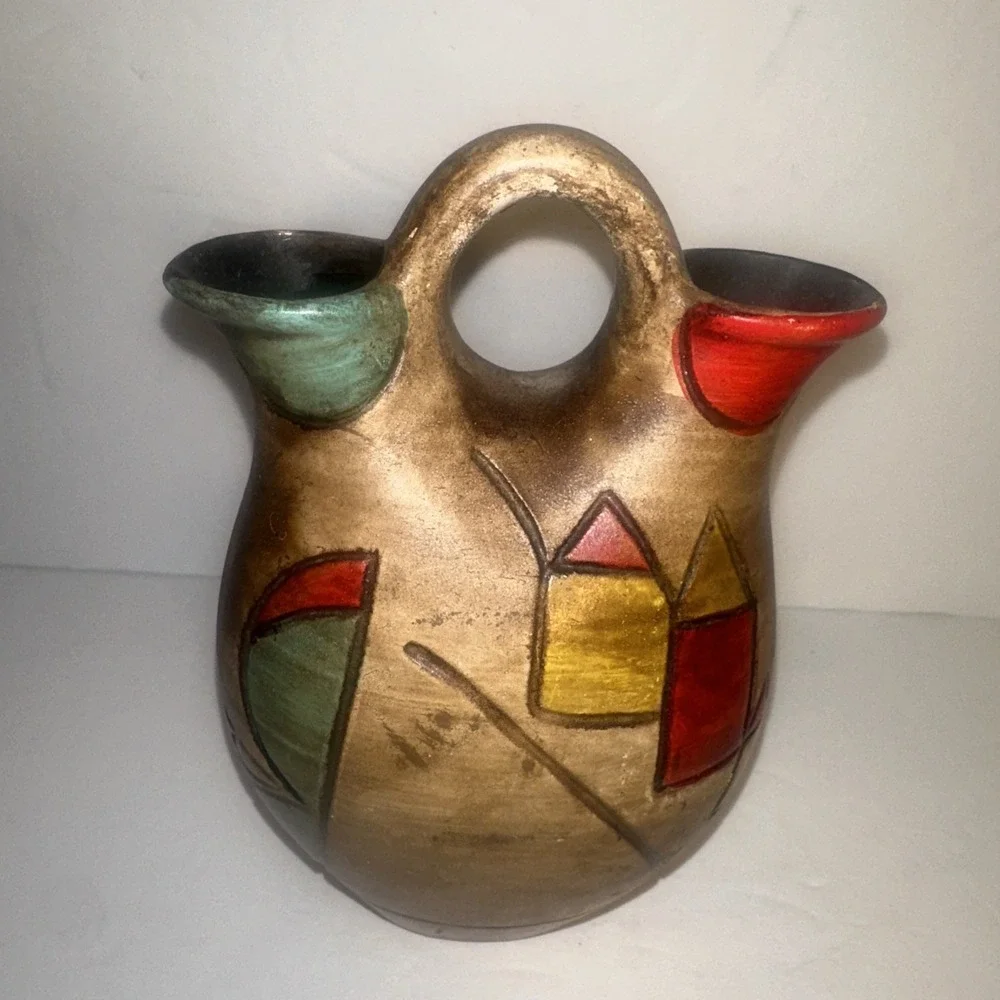 Vintage INDIAN TYPE WEDDING PITCHER Two Holes Colorful